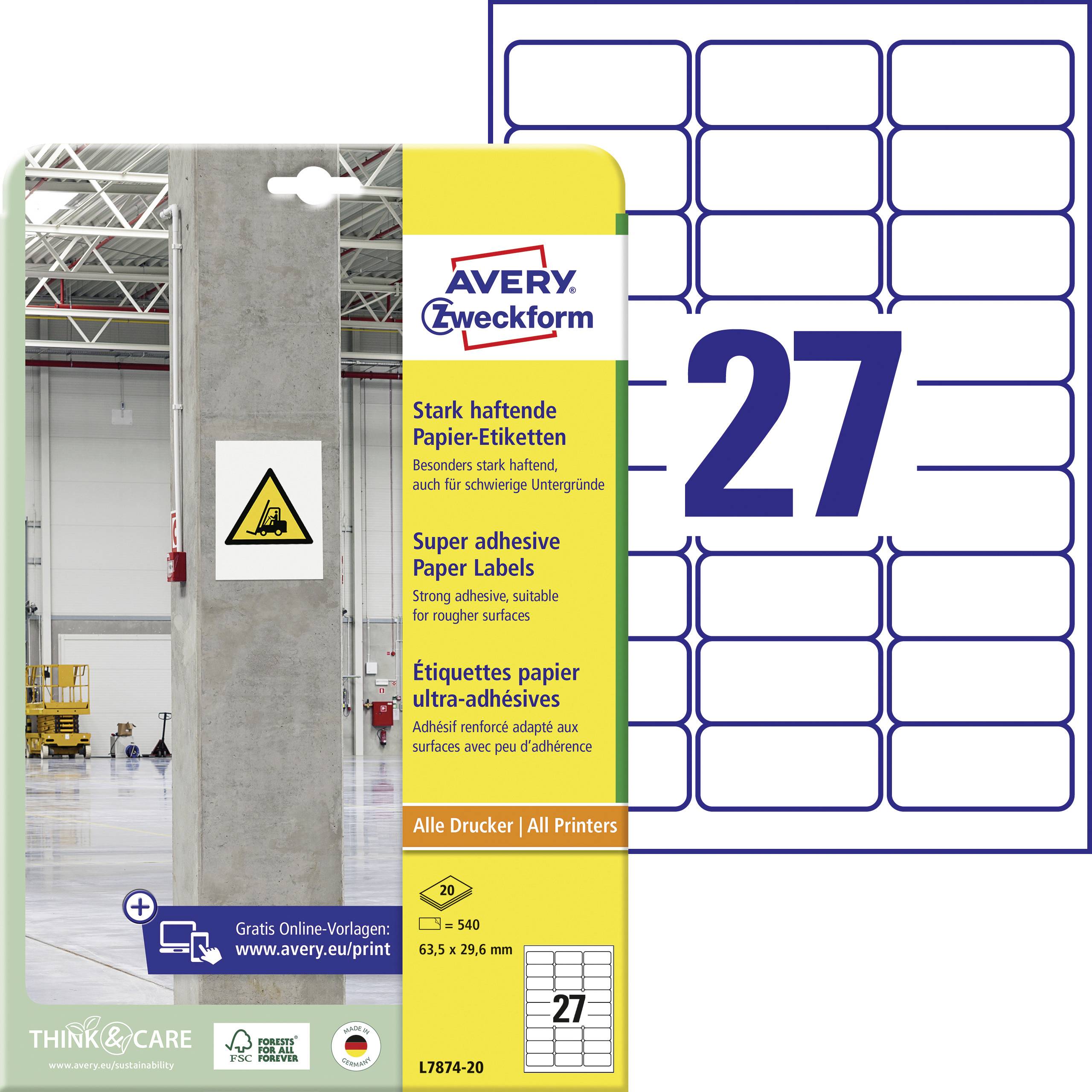 Avery-Zweckform L7874-20 63.5 x 29.6 mm Paper White 540 pc(s) Permanent adhesive, Strongly adhesive Adhesive labels (extra strong) 20 Sheet A4