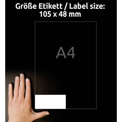 'Hand next to A4 paper shows label size of 105 x 48 mm.'