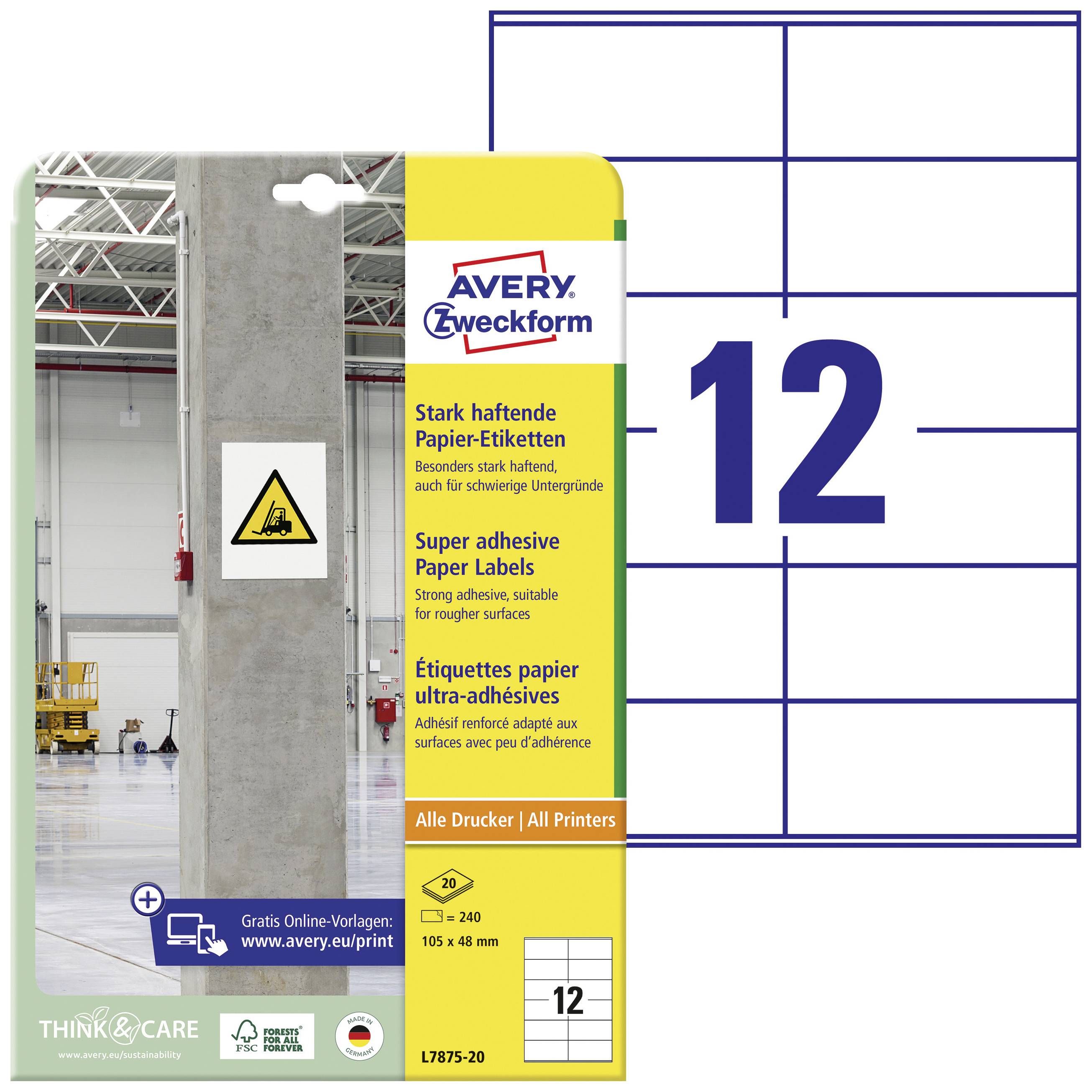 Avery-Zweckform L7875-20 105 x 48 mm Paper White 240 pc(s) Permanent adhesive, Strongly adhesive Adhesive labels (extra strong) 20 Sheet A4