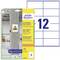 'AVERY Zweckform' Super Adhesive Paper Labels for All Printers. Packaging shows building column with warning sign. Sheet layout with 12 labels per page.