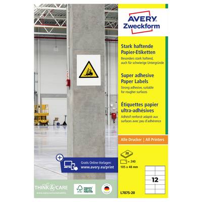 Product label for Avery Zweckform super adhesive paper labels, showing a hazard warning sign on a pillar and printer-compatible label pack details.