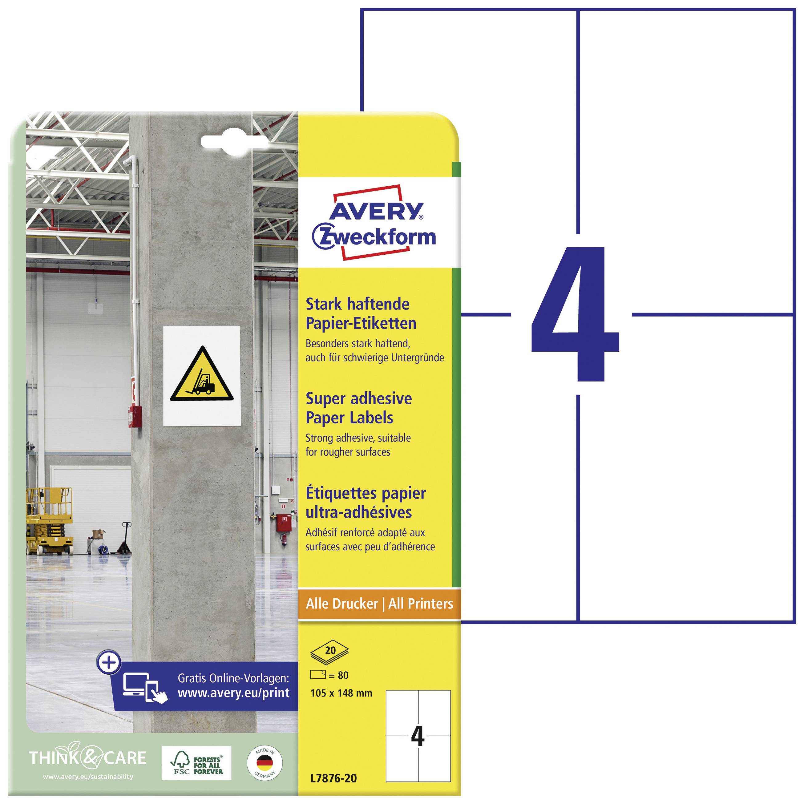 The image shows a pack of Avery Zweckform strongly adhesive paper labels, suitable for all printers, L4787-20, size 105 x 148 mm, 80 labels per pack.
