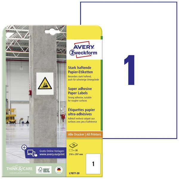 Avery-Zweckform L7877-20 Adhesive labels (extra strong) 210 x 297 mm Paper White 20 pc(s) Permanent adhesive, Strongly adhesive Inkjet printer, Laser printer, Laser, colour, Copier, Colour copier, Manual labeling