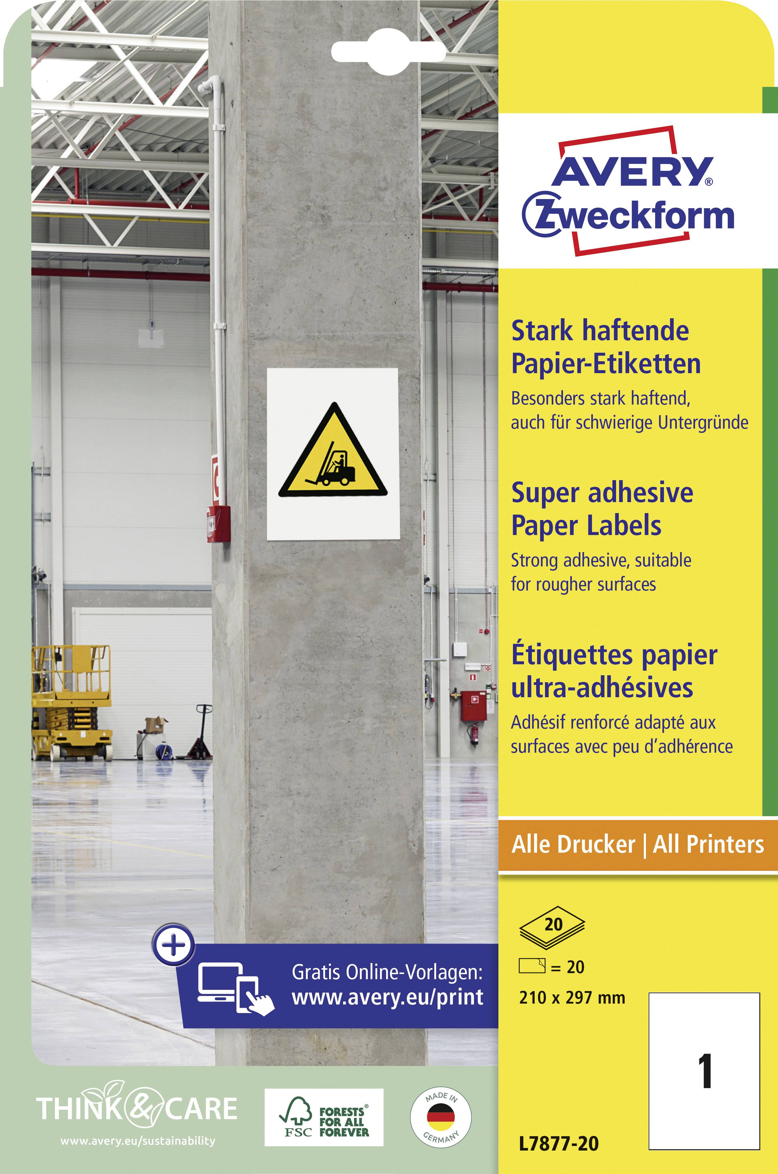 'Super Adhesive Paper Labels' for rough surfaces. Suitable for all printers, Size 210 x 297 mm, 20 labels.