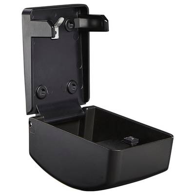A black, empty mounting bracket with a folding mechanism, likely intended for wall mounting of devices or accessories.