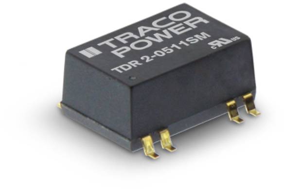 Electronic component by Traco Power, model TDR 2-0511SM, with four metallic connection pins, used in power supplies.