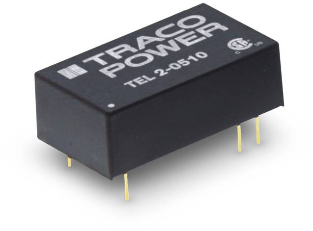 Power supply module by TRACO POWER, model TEL 2-0510, rectangular, with four yellow terminals at the bottom and logos on the top surface.
