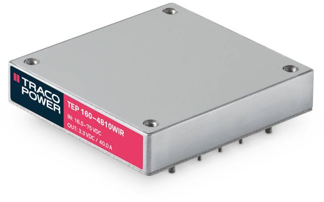 A silver TRACO Power TEP-160-4810WIR power supply with technical specifications in red on the side, showing input and output power ratings.