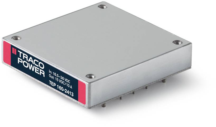 'TRACO POWER' Module, Model TEP 160-2413, Input: 18-36 VDC, Output: 5 VDC/10 A, shown in a silver, rectangular enclosure.