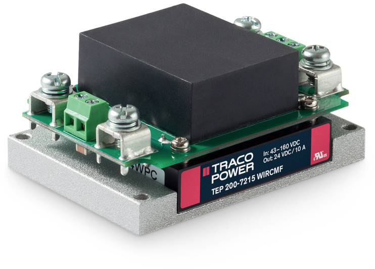 A black, rectangular electronic component on a black platform, labelled 'TRACO POWER TEP 200-7215 WIRCMF'.