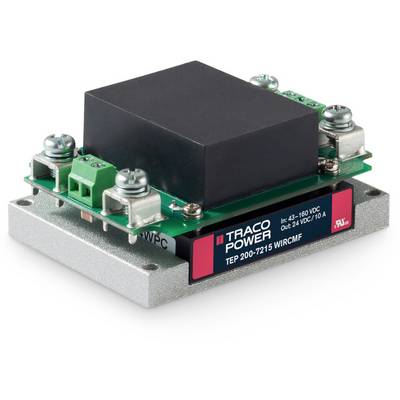 A black, rectangular electronic component on a black platform, labelled 'TRACO POWER TEP 200-7215 WIRCMF'.