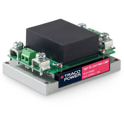 Performance converter module with a black housing, green connectors and the inscription 'TRACO POWER', suitable for industrial applications.