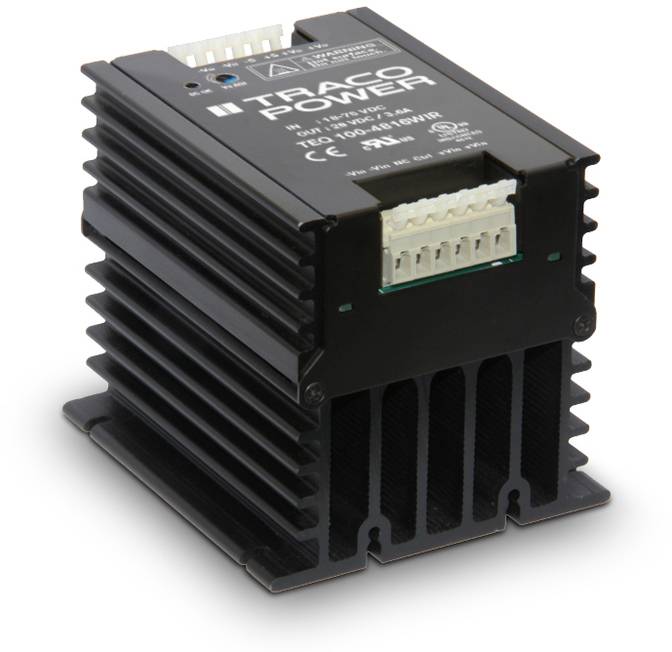 A black electronic power converter with heat sinks and multiple connection terminals by the brand Traco Power.