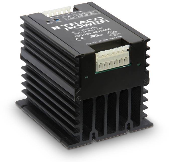 A black, cuboid Traco Power module with heat sinks and multiple white connection sockets.