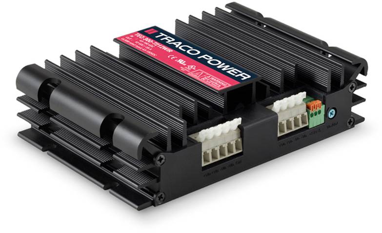 A black, rectangular electronics module with a finned heatsink and multiple connection terminals. On top is a red Traco Power label.