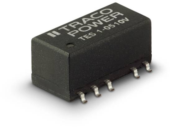 A black electronic component with the inscription 'TRACO POWER TES 1-0510V' and six silver pins on the underside.