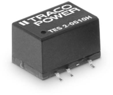 Small, black DC converter 'Traco Power TES 2-0510H' with three metal pins for electrical connection.