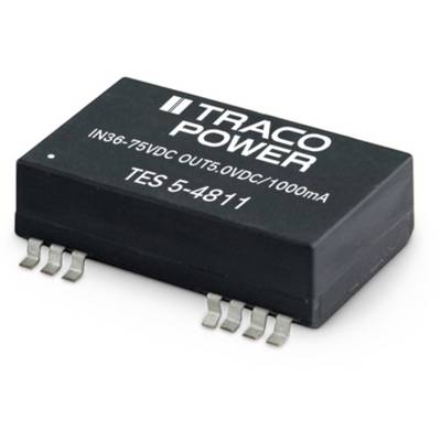 Black Traco Power voltage converter with marking 'IN36-75VDC OUT5.0VDC/1000mA'. Model TES 5-4811. Positioned diagonally on a white background.
