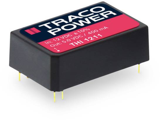 Rectangular black voltage converter with a red and blue label, marked with 'TRACO POWER', displaying input and output voltages.