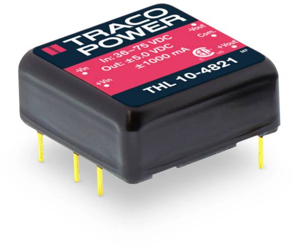 A black, rectangular DC/DC converter from Traco Power with yellow pins and a label on the top surface. Model 'THL 10-4821'.