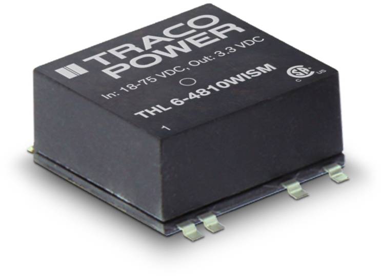 Compact black Traco Power voltage converter, model 'THL 6-4810WISM', converts 18-75 VDC input to 3.3 VDC output.