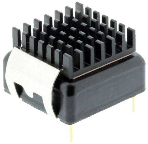 A small, black heatsink with a metal clip, used for heat dissipation in electronic components, on a white background.