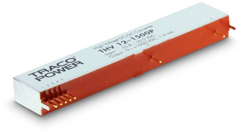 A rectangular, thin Traco Power DC/DC converter with a red central section and metal housing. Model THV 12-1500P, with technical specifications printed on it.