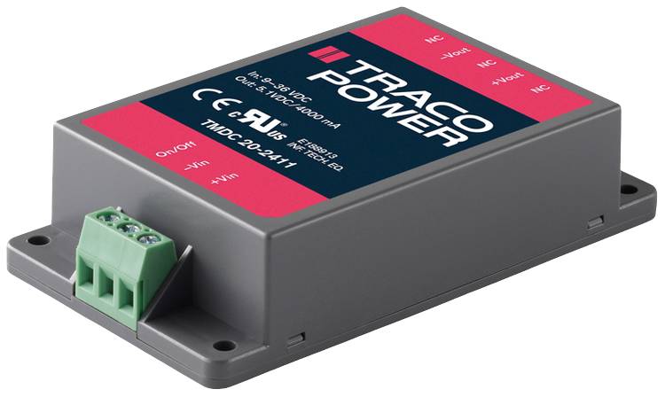 Electronic module with the label 'Traco Power'. It displays input and output connections along with technical specifications.