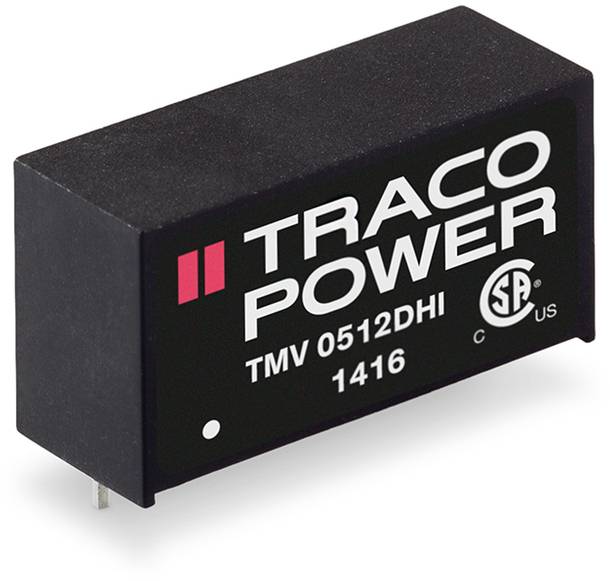 A black electronic component with the inscription 'TRACO POWER TMV 0512DHI'. A logo and certification mark are present.