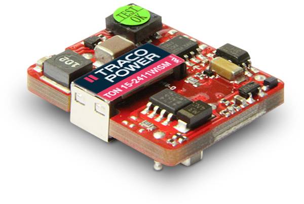A red electronic module with the inscription 'TRACO POWER'. Various electronic components are mounted on the circuit board.