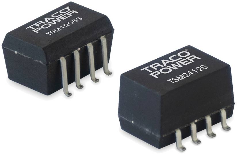 Two black electronic components labelled 'TRACO POWER', model numbers TSM1205S and TSM2412S, each with five pins.