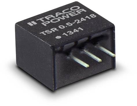 A black voltage converter from Traco Power with the inscription 'TSR 0.5-2418' and three protruding metal pins at the bottom.