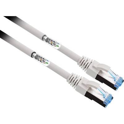 A grey Ethernet cable with RJ45 connectors at both ends. It is shielded and suitable for networks with high-speed data transmission.