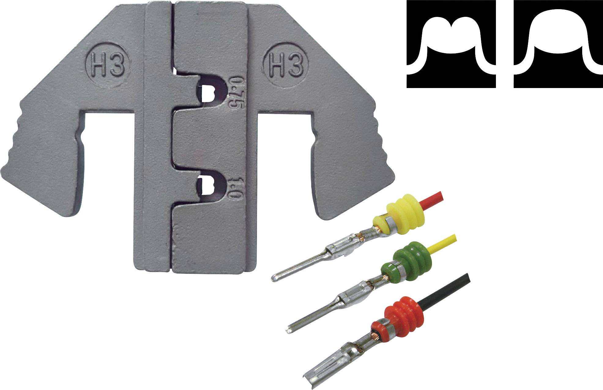 H3 crimping tool with two MC4 connectors. Symbols in the top right show sinusoidal and rectangular waveforms.