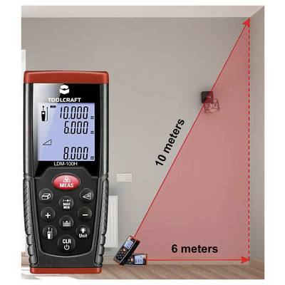 Illustration of a laser distance meter measuring a room corner, showing 6 meters across and 10 meters diagonally.