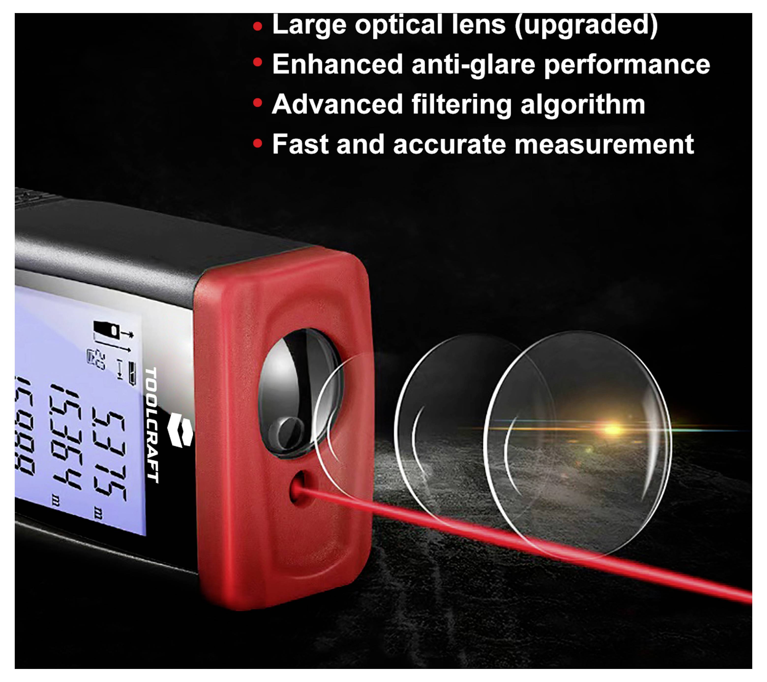 Product ad showing a TOOLCRAFT laser distance meter with upgraded large optical lens, anti-glare performance, filtering, and fast accurate measurement.