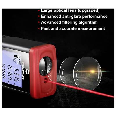 Product ad showing a TOOLCRAFT laser distance meter with upgraded large optical lens, anti-glare performance, filtering, and fast accurate measurement.