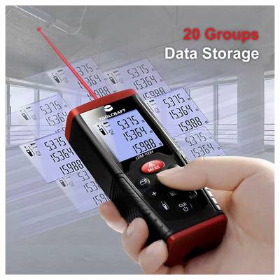 Handheld laser distance meter displaying stored measurements, with on-image text '20 Groups Data Storage'.<br>