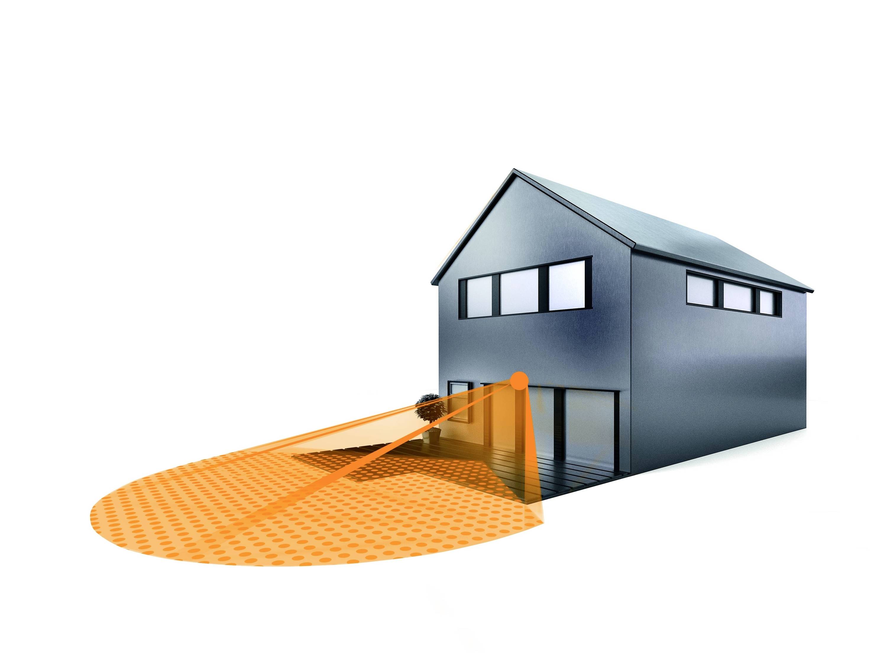 A modern house with a security camera system. An orange area indicates the camera's coverage angle in front of the house.