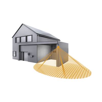 Illustration of a house with a sensor projecting an orange detection range in a fan-shaped area outwards.