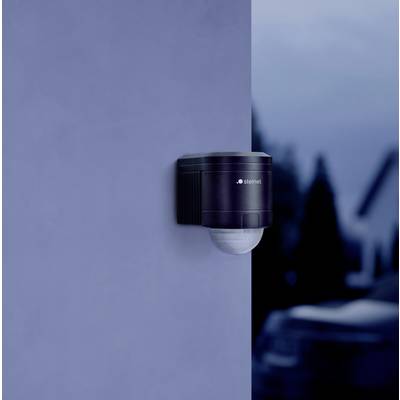 A black outdoor motion sensor camera on the wall of a building at dusk. Background shows blurred garden area.