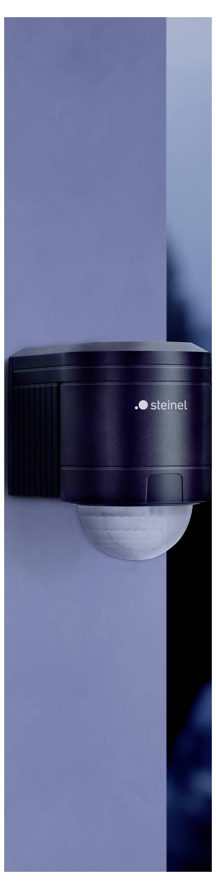 Close-up of a black Steinel wall-mounted sensor light on a blue wall, with a rounded white motion sensor underneath.<br>