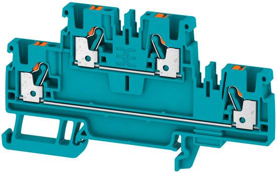 A blue electrical terminal block with metal connectors and orange elements, designed for mounting on a DIN rail.