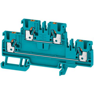 A blue electrical terminal block with metal connectors and orange elements, designed for mounting on a DIN rail.