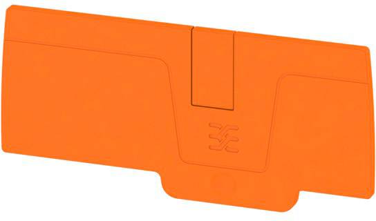 An orange plastic component with a symmetrical design and a symbol in the centre, potentially a connector piece.