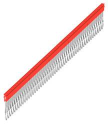 A series of silver nails connected by red plastic strips, designed for use in a nail gun.
