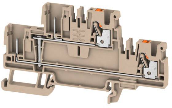 A beige plastic terminal block with metal elements, used for connecting electrical conductors in electrical control cabinets.