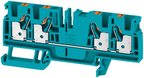 Pictured is a green Phoenix Contact terminal block with metal terminals and orange push buttons. It is used for securing and connecting conductors.