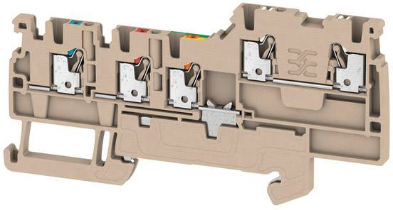 Beige terminal block with multiple metal contacts and coloured markings on top, used for connecting electrical wires in control panels.