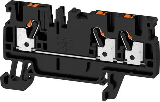 A black double-tier terminal block with metal contacts and orange elements. Primarily used in electrical circuits.